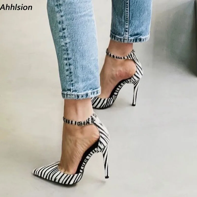 

Ahhlsion/женские весенние туфли-лодочки в полоску, пикантные туфли на тонком высоком каблуке с острым носком, красивые черные вечерние туфли, женские размеры США 5-15