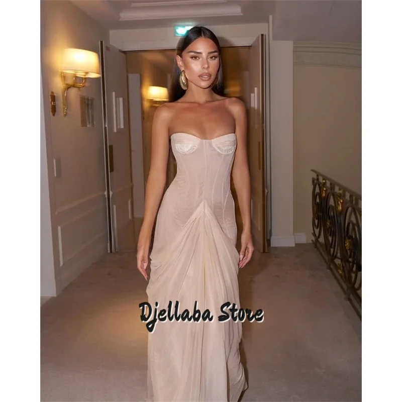 

Blush Pink Chiffon Long Evening Dresses Sweetheart Mermaid Formal Prom Dresses Sleeveless Saudi Arabric Prom Gowns Customi