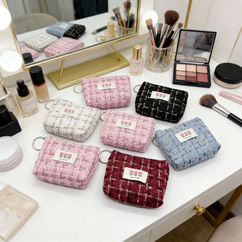 

12pcs Tulip Print Tweed Mini Zipper Pouch Small Coin Purse with Keyring Compact Lightweight for Storing Earphones Lipstick Coins