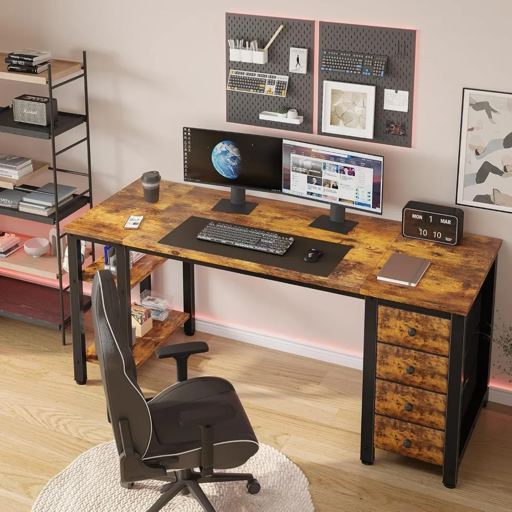 مكتب كمبيوتر حديث مقاس 55 بوصة مع 4 أدراج قماشية وأرفف تخزين للمكتب المنزلي ومكتب الكتابة والدراسة في غرفة النوم، Styli
