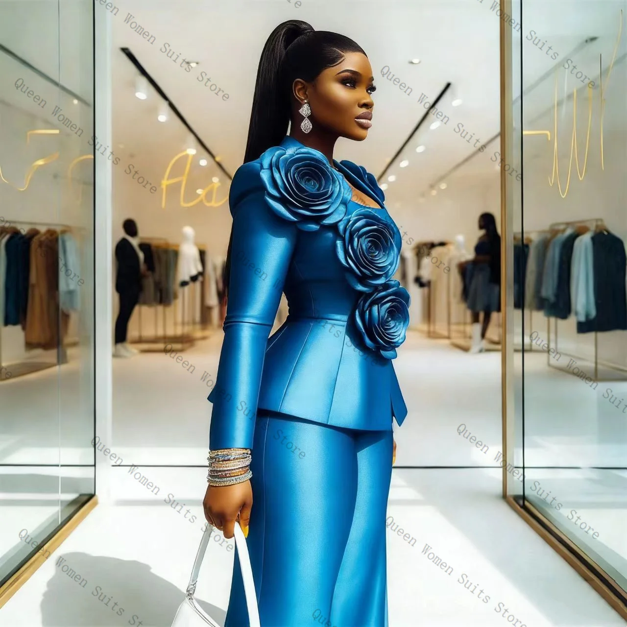 Blue Satin Women Suit Pants Set 2 Pcs Blazer+Trousers 3D Flower Luxury Prom Formal Office Lady Jacket Wedding Coat Customized image 3