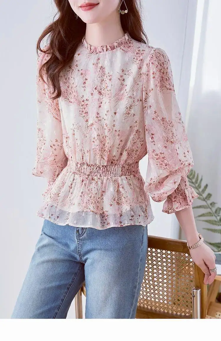 Lose Damen Irt 2025 New Sle Bubble Sve Round Ne Blumendruck Faionable und Sli Belly Covering Gored