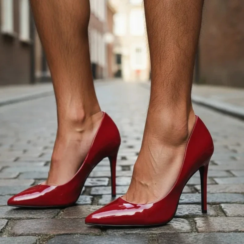 المتحولين جنسيا الأحمر مضخات ربيع الخريف مكتب سيدة 12 سنتيمتر الكعوب رقيقة أشار تو أحذية امرأة Zapatos Mujer كبيرة الحجم الرقص مضخات