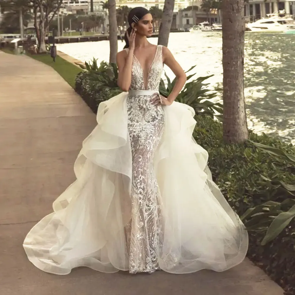 Vestidos de novia elegantes de sirena con tren desmontable, encaje 3D, hasta el suelo, sin mangas, cuello en V, personalizado, abiti da sposa