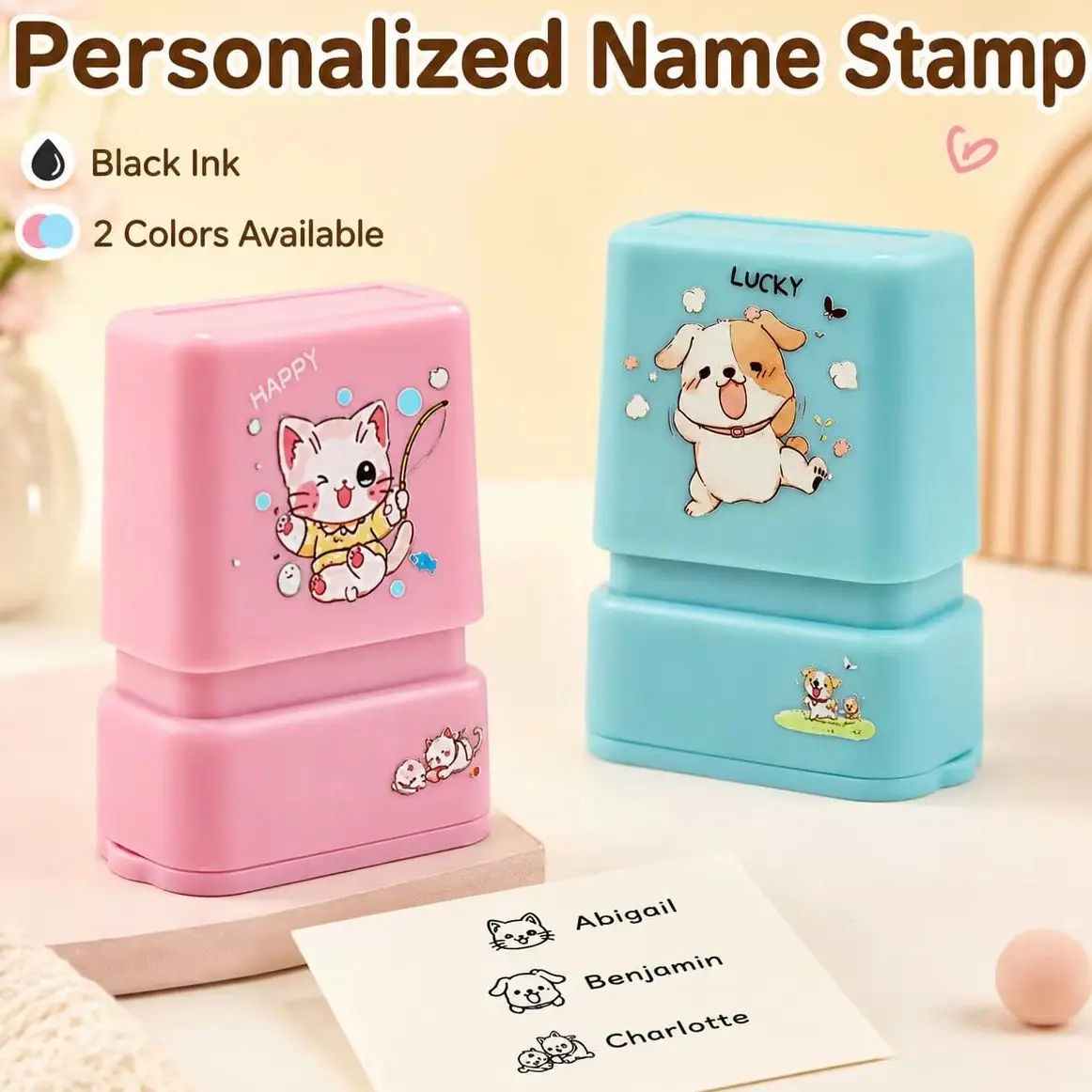 Personalized Cat Dog Name Stamp for Kids, Custom Self-Inking Black Ink Stamp for Clothes, Books, Bags, Back to School Gift