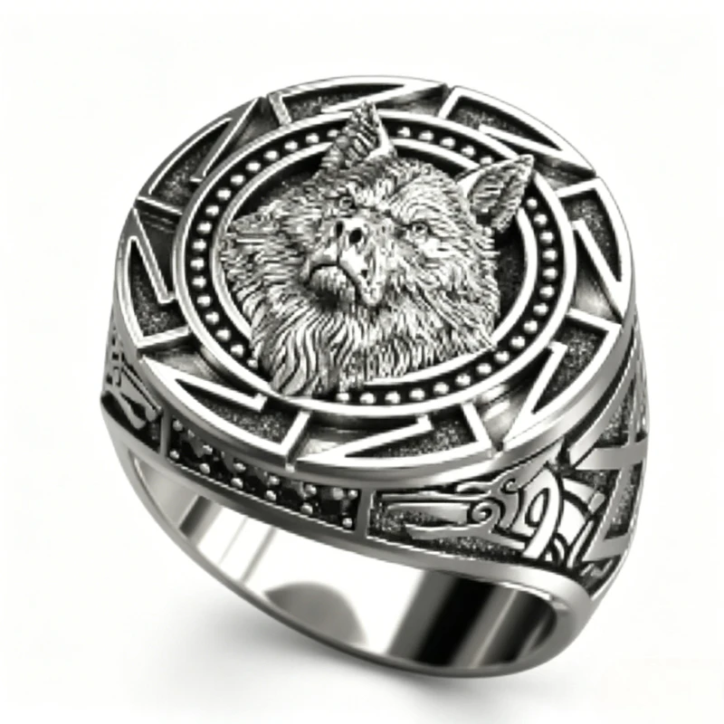 Weiwai Powerful Male Warrior Ring -  Silver Nordic Mythology Viking Warrior Wolf Head Male Ring - Wolf Totem Titanium Silver