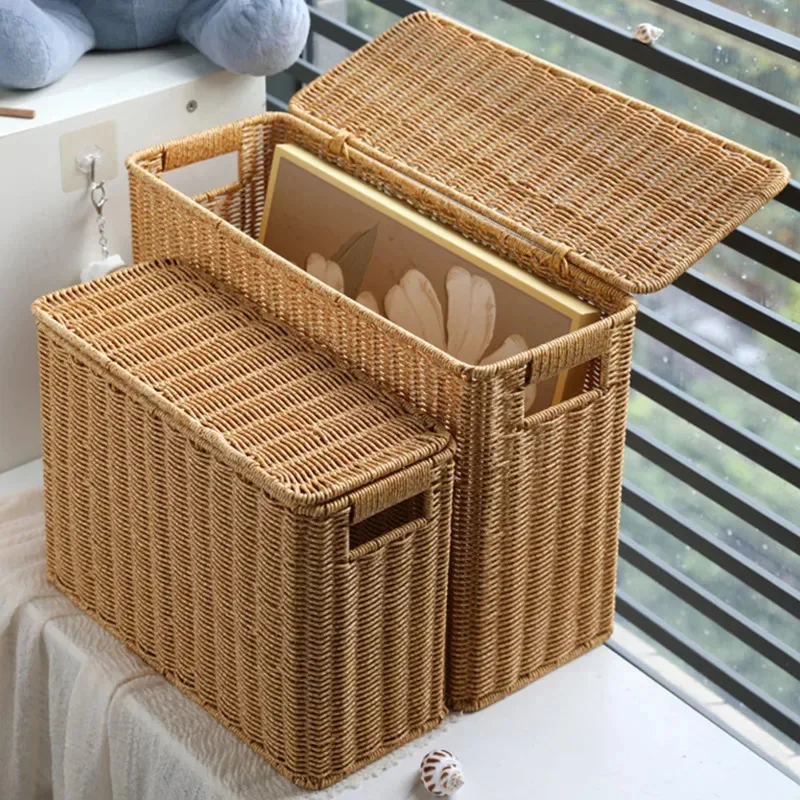 Narrow Height Storage Box With Lid Household Rattan Woven Storage Basket Two Sizes Available Decoration Sofa Corner Storage Boxs