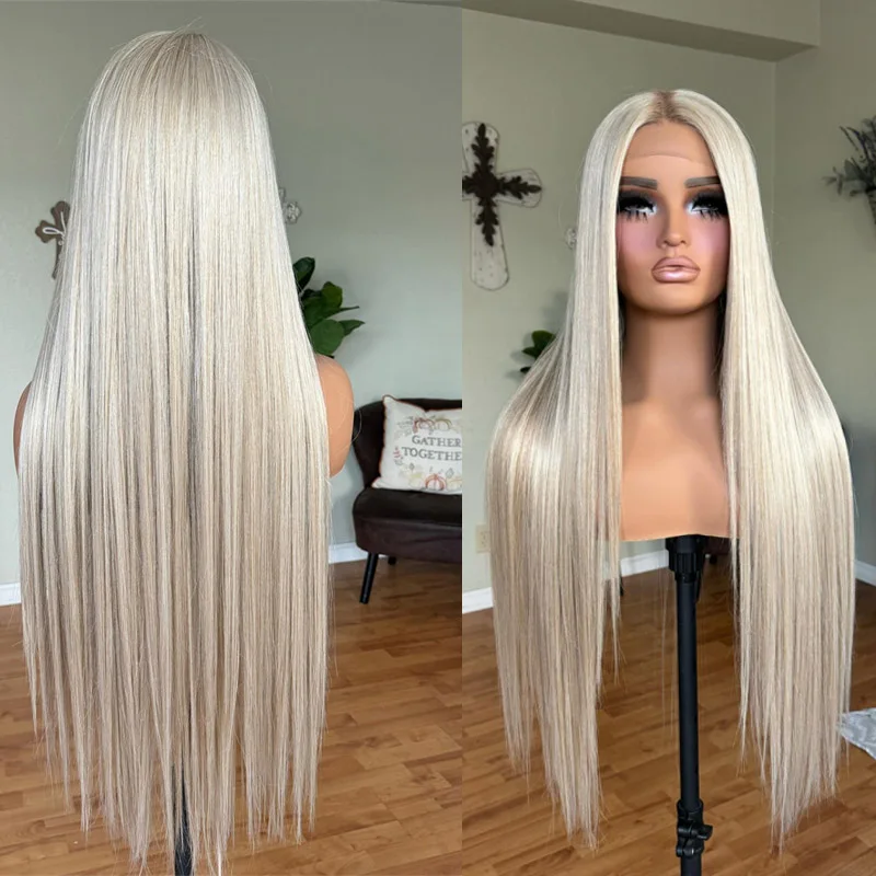 Platinum Blonde Ombre Long Straight Synthetic Hair Lace Front Wigs for White Women Glueless High Temperature Fiber Cosplay Wigs