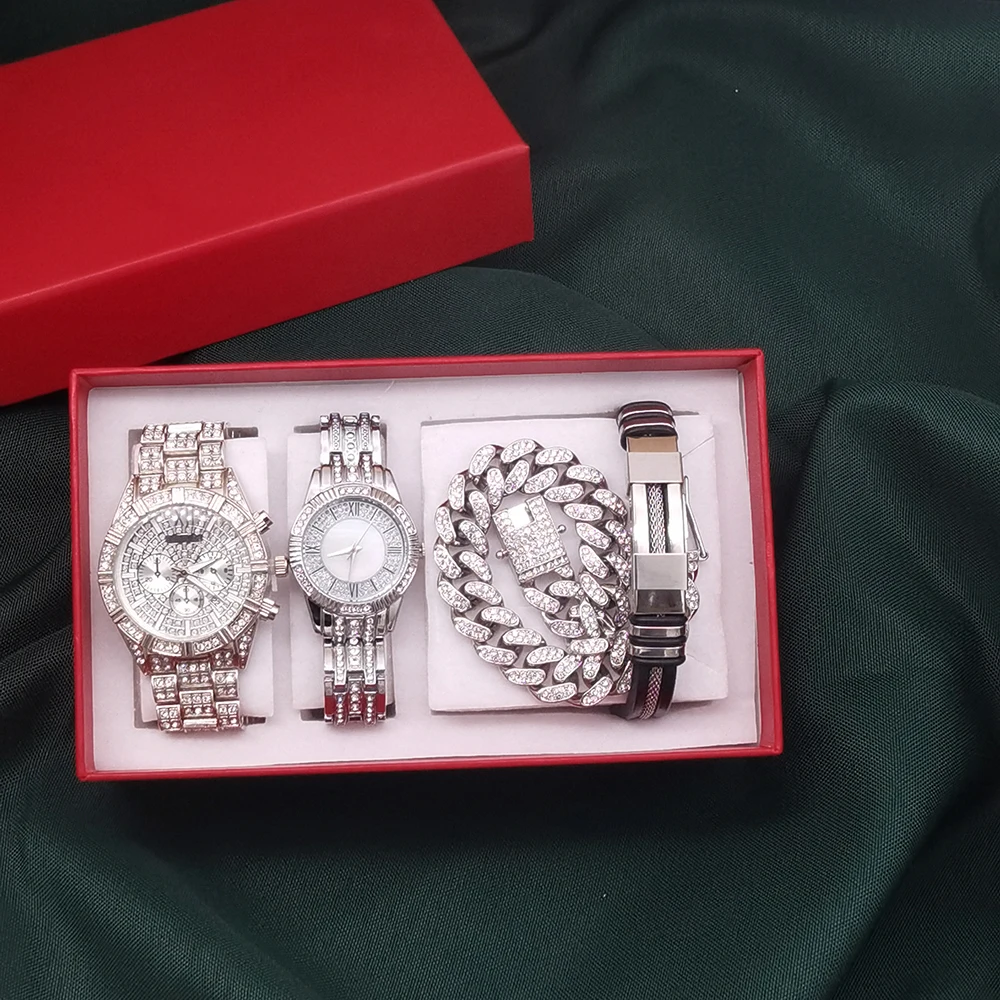 Reloj de cuarzo con diamantes para hombre y Mujer, conjunto de 4 piezas, de lujo, de cristal brillante, estilo Hip Hop, con pulseras, para regalo de pareja