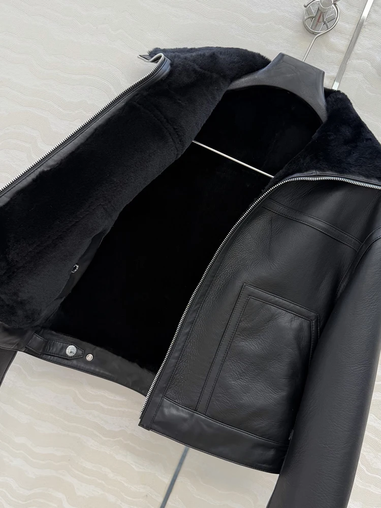 SVORYXIU Winter New style Flip collar Zipper Genuine leather jacket Woman Fashion black Lined with plush warm Leather jacket