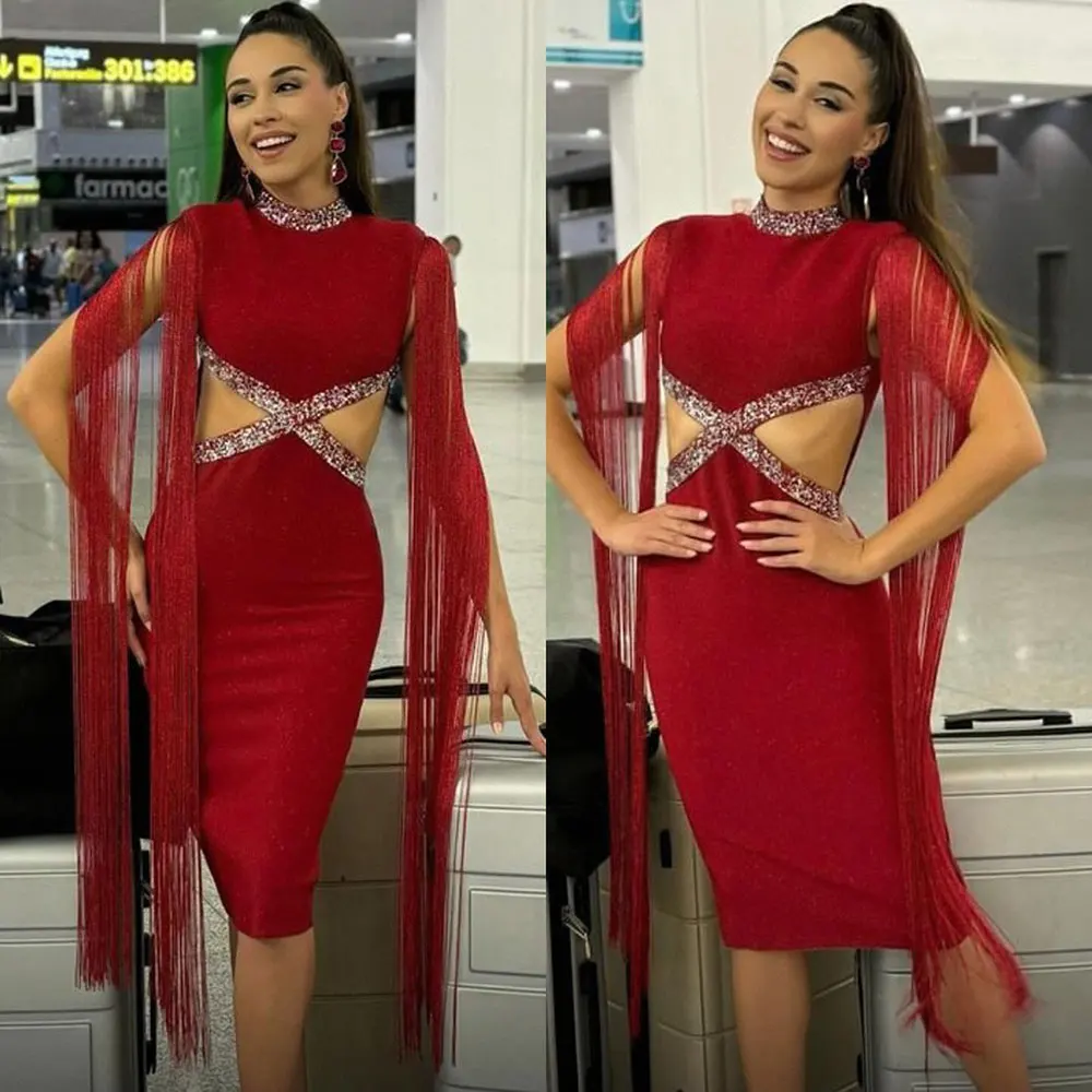 Vestido Sexy de industria pesada con diseño de diamante para mujer, Vestido Midi ajustado con cuello redondo y manga con borlas, Vestido de fiesta de noche 2024