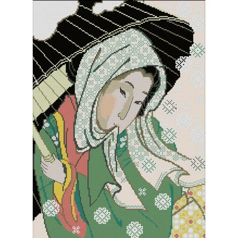 Amishop Gold Collection Counted Cross Stitch Kit Snowfall Geisha In Winter Snow Japanese Woman Riolis