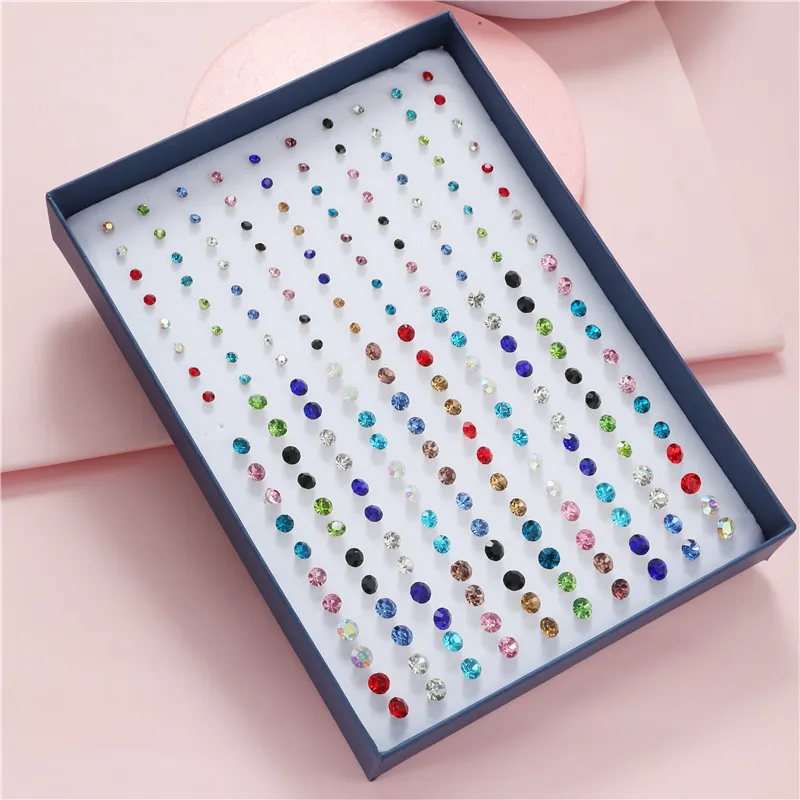 100 Pairs/Lot Different Size Colorful Rhinestone Small Stud Earring For Women Round Piercing Plastic Ear Gifts New Jewelry