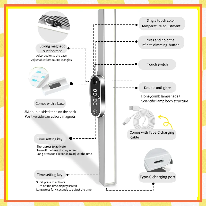 Lampe de bureau d'apprentissage, bouton d'horloge réglable, pas besoin de voulez-vous des trous, veilleuse magnétique supérieure, semi-lampe