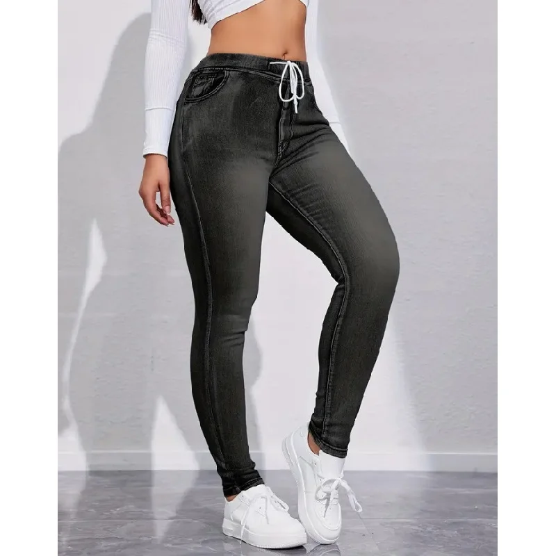 Calça lápis de cintura com cordão feminino, jeans feminino, calça skinny de comprimento total, Za