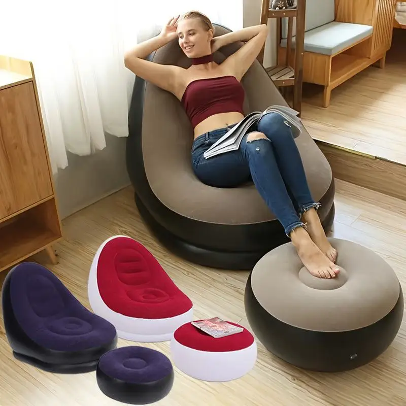 

Set Adult Inflatable Lazy Sofa Chair PVC Flocking Foldable Sofa with Pedal Nap Recliner Portable Simple Flocking Folding Sofa