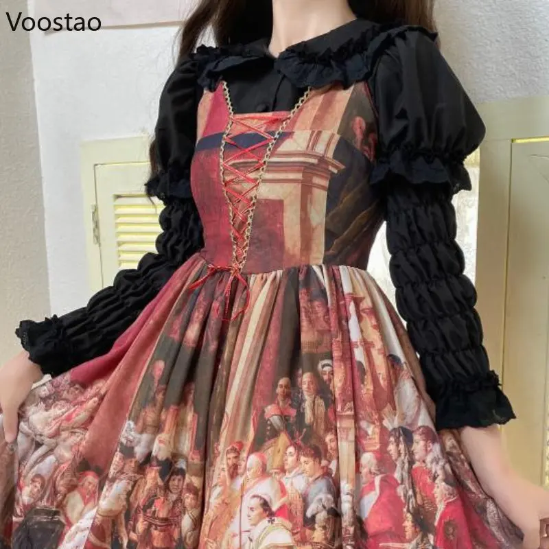 Imagem -06 - Vintage Victorian Kawaii Lolita Camisas Femininas Gótico Rendas Babados Rosa Peter Pan Colarinho Removível Manga Longa Blusas Doce Topos