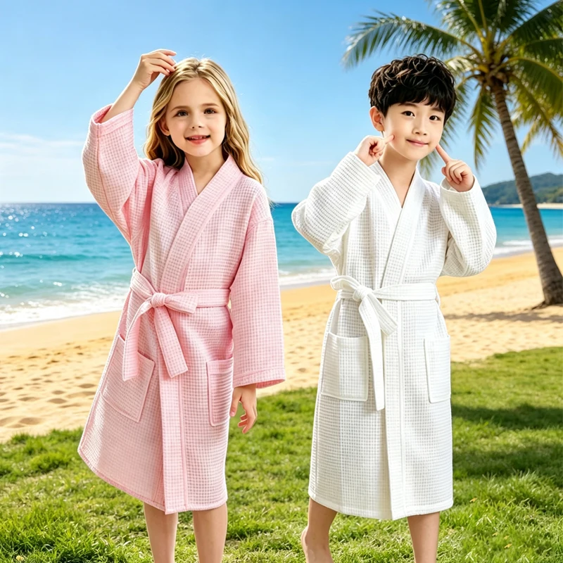 summer-kids-cotton-waffle-bathrobe-soft-absorbent-kimono-robe-belted-homewear-for-boys-girls-after-bath-spa-sleepwear