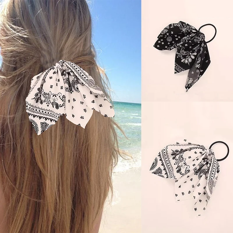 

Boho Vintage Print Large Bow Scrunchies Fashion Beach Hair Bow Tie Hair Loop Elastic Hair Band Women Headdress Accessories