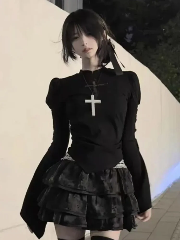 Japonês vintage y2k lolita sem mangas rendas camisas curtas feminino estilo gótico retro estética moda blusa coreano chique primavera