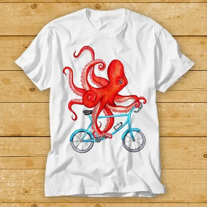 

Octopus On A Bicycle Ocean Sea Lover Captain T Shirt Cult Movie Retro Vintage Music Top Tee 2377