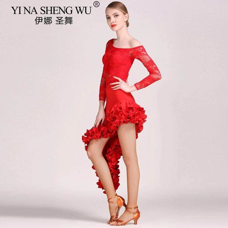 Nouvelle robe de danse latine femmes Sexy maille extensible à manches longues Style fendu robe latine salle de bal Tango Rumba Performance Costume