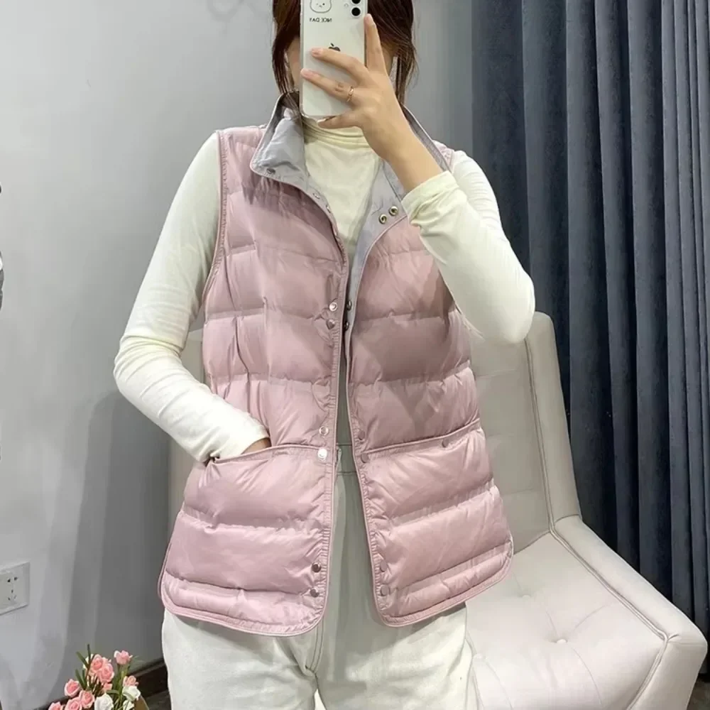 2025 New Winter Ultra Light Stand Collar Waistcoat Seamless Embossed Puffer Gilets Women Short Vest White Duck Down Soft