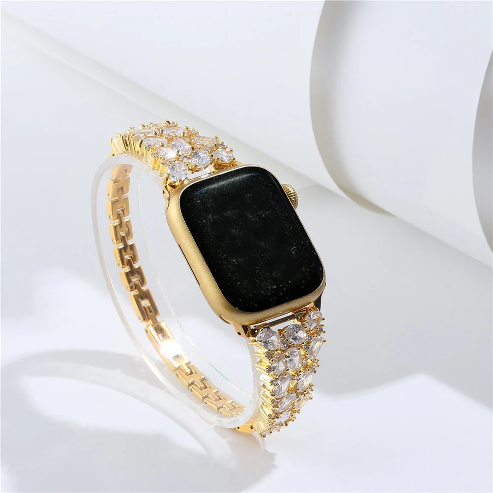 Luxury Copper Big Bling Diamond Wrist Strap for Apple Watch Series 9 8 7 6 5 4 SE Ultra