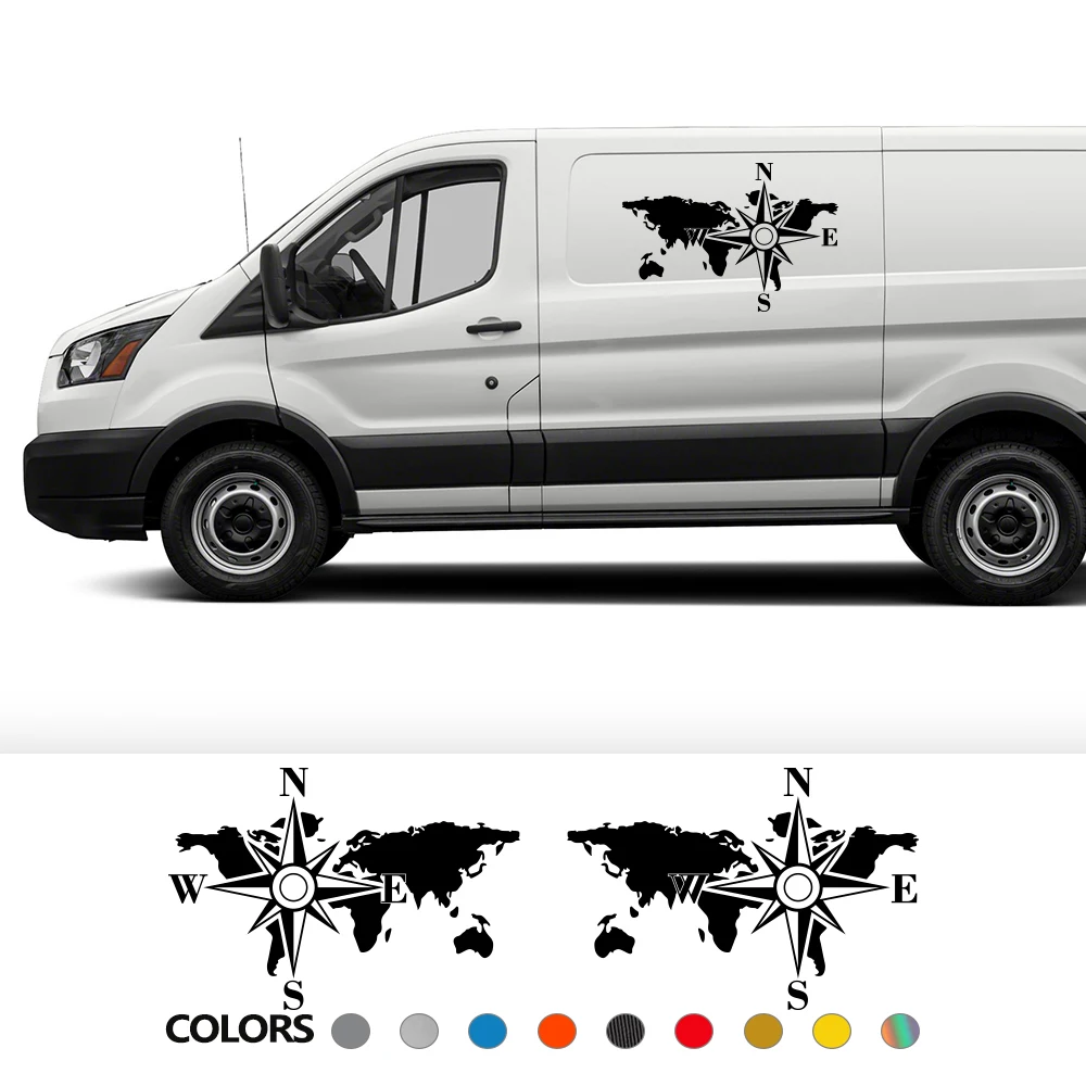 Adesivo lateral do corpo do carro gráficos mapa do mundo bússola edição decoração decalque para van suv campista rv motorhome carga auto diy capa de vinil