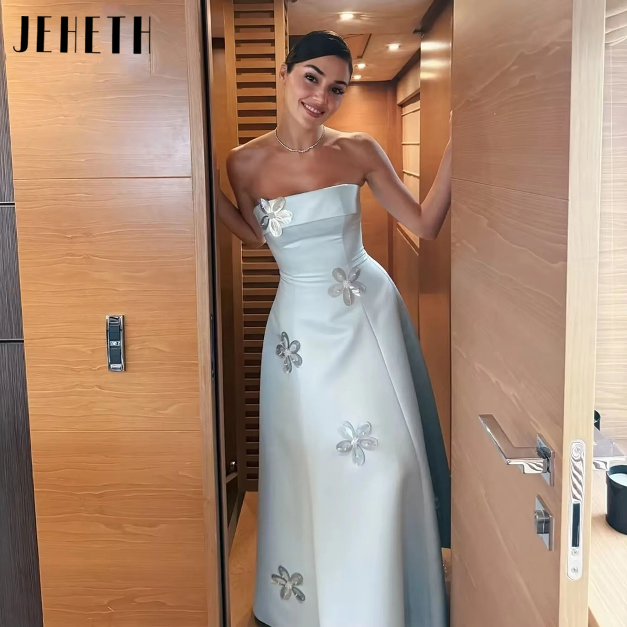 

Elegant Sky Blue Satin 3D Flower Floor-length Evening Dress 2025 A-Line Corset Prom Gown Formal Party Occasion Dress Customized