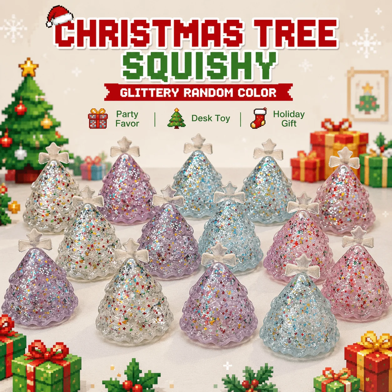 Soft Christmas Tree Squishy, Glitter TPR Stress Relief Fidget Toy, Colorful Collectible Party Favor for Halloween Xmas Gift