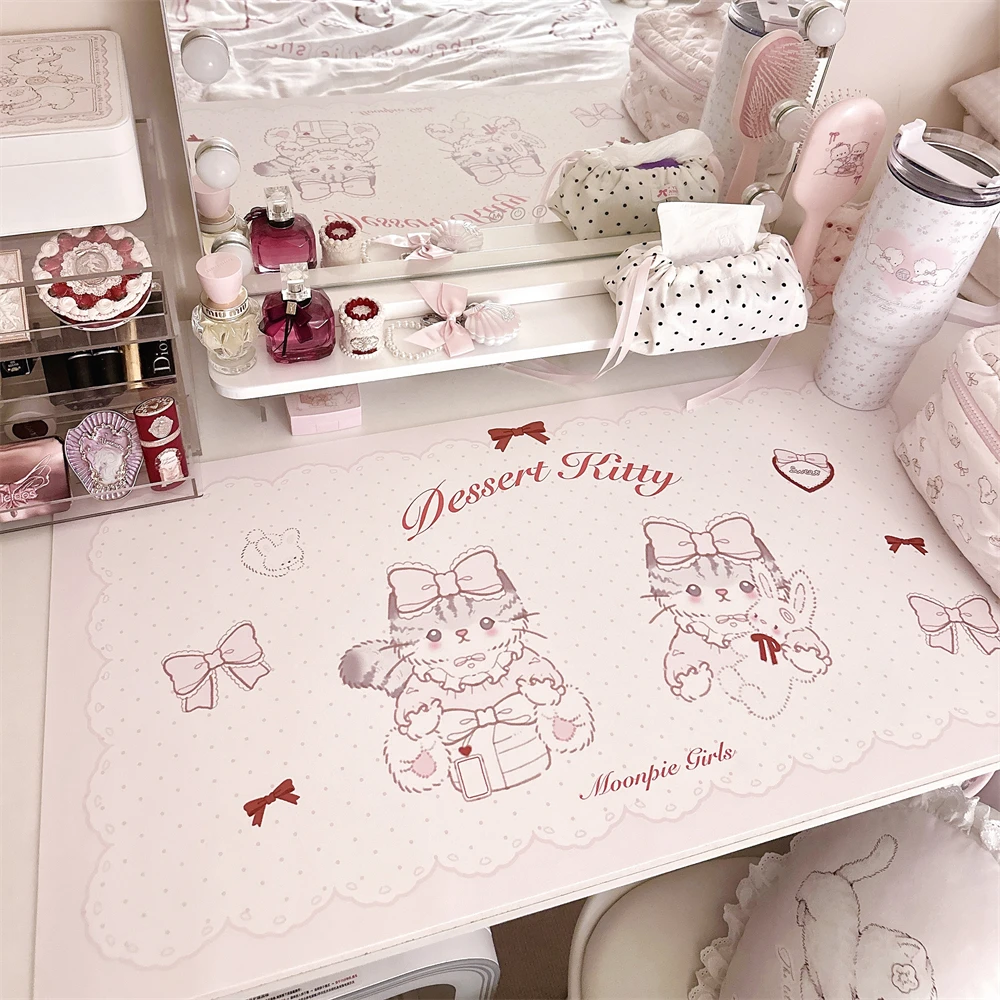 Home Cartoon Twin Cat Cute Pink Desk Mat Office Desk Makeup Desk Waterproof Leather Computer Mouse Mat Pet Meal Mat 40x80cm