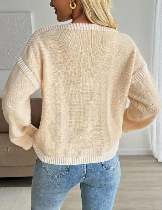 

Autumn New Fashion Color Blocking Patchwork Lace Up Slim Fit Short Knitted Top for Women's Fashion V-Neck Knitted Sweater