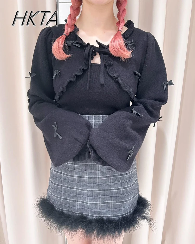 

Japanese Sweet Ruffles Edge Chest Strap Short Bow Long-sleeve Cardigan Sweater Knitted Suspender Vest Spring New Lolita Sweater
