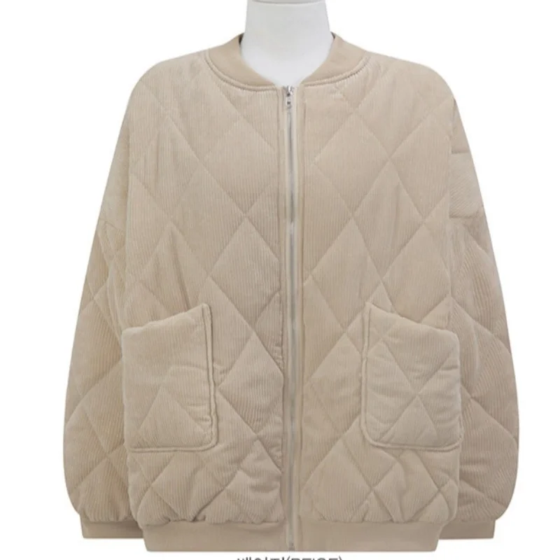 Chic hiver Thiened Long Sve col montant motif diamant matelassé velours côtelé Jaet femmes coton manteau d'extérieur