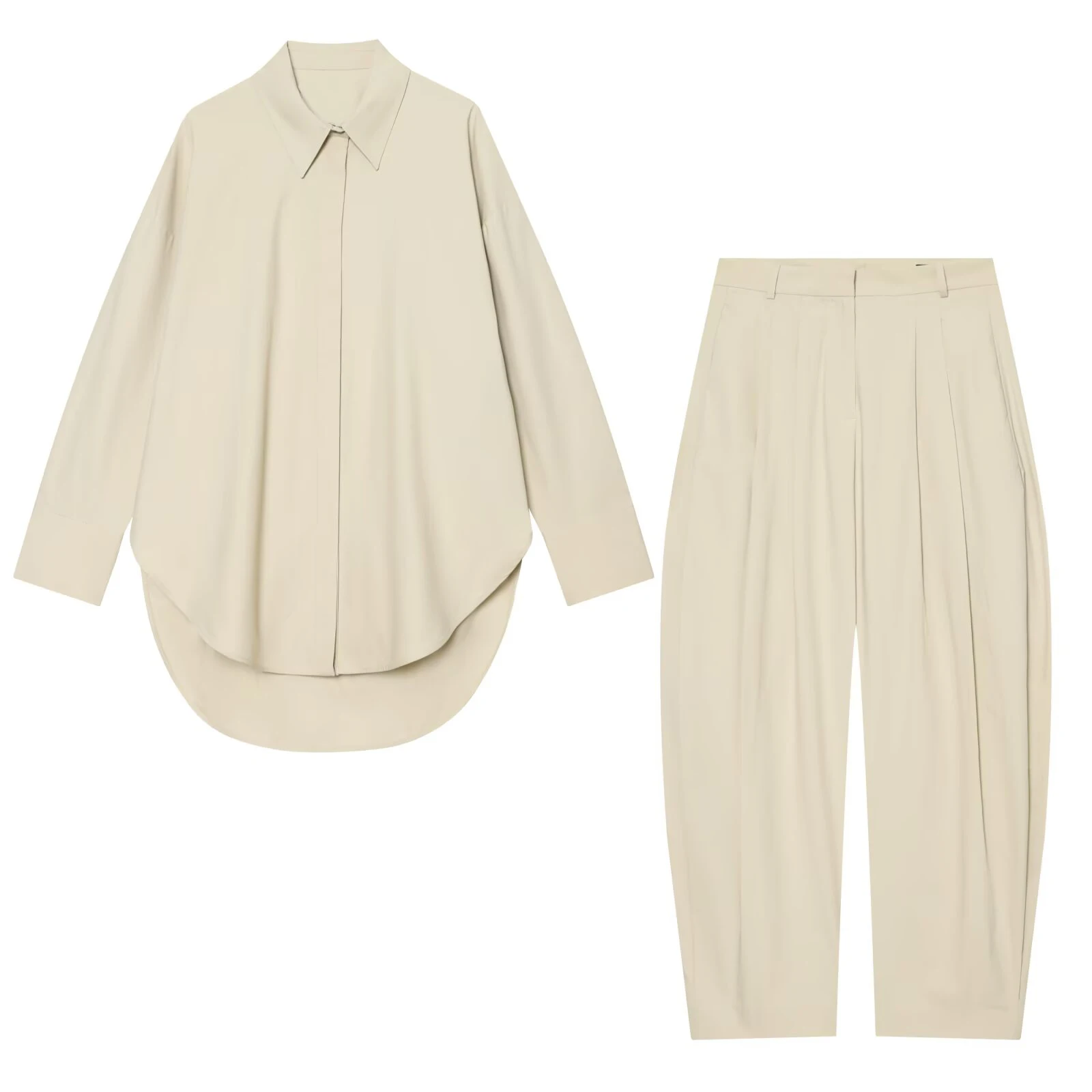 Ensemble pantalon plissé taille mi-haute et chemise ample à revers à manches longues de couleur unie, nouvelle collection été 2026 pour femme