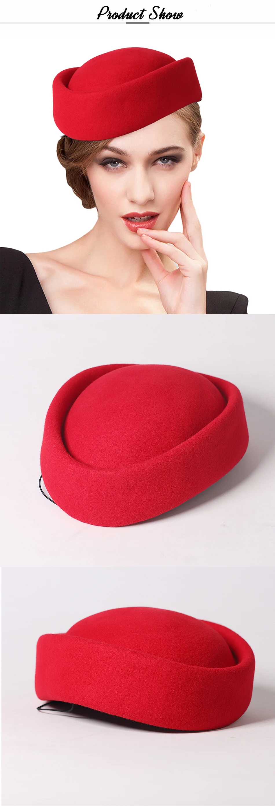 FS Luxuriöse weiße Woll-Pillbox-Hüte für Damen, Teeparty-Fascinator-Hut, Vintage-Weinrot, Hochzeits-Brautkappe, Chapeau Femme – Detail 1