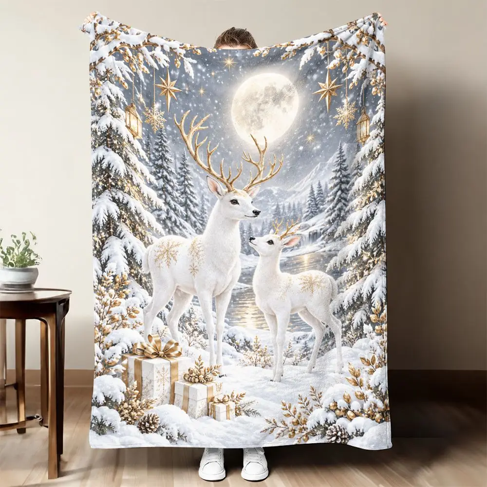 Cozy Winter Forest Scene Throw Blanket Reindeer Moon Night Snowfall Holiday Decor Plush Throw