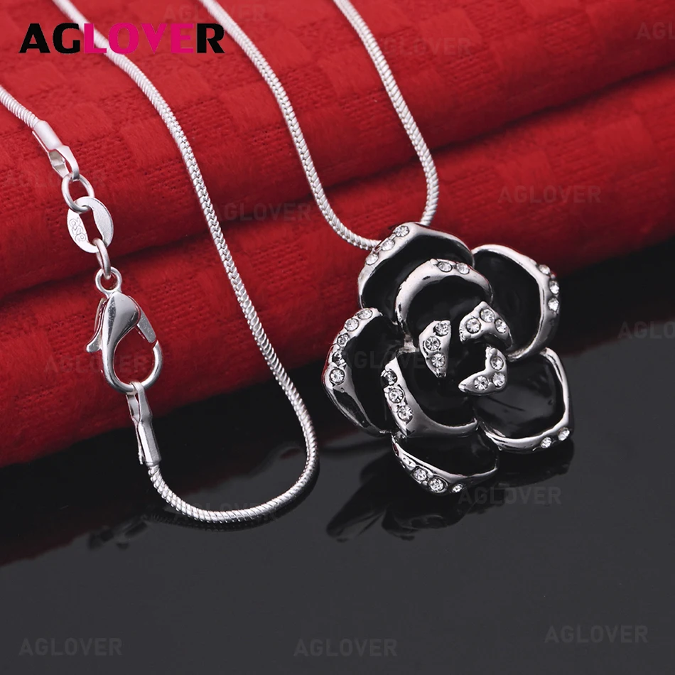 

AGLOVER 925 Sterling Silver Zircon Black Rose Pendant Necklace Daily Accessories Women'S Simple And Elegant Jewelry