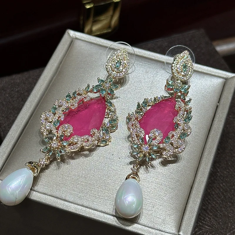 European and American style luxurious long earrings with ruby droplets and pearls, elaborate evening accessories, exaggerated zi