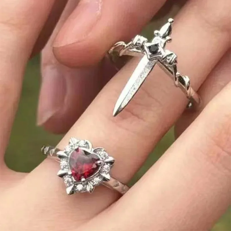 2pcs Can Be Assembled Heart and Sword Rings for Women Men Couple Silver Gold Color Adjustable Open Ring Fashion Jewelry