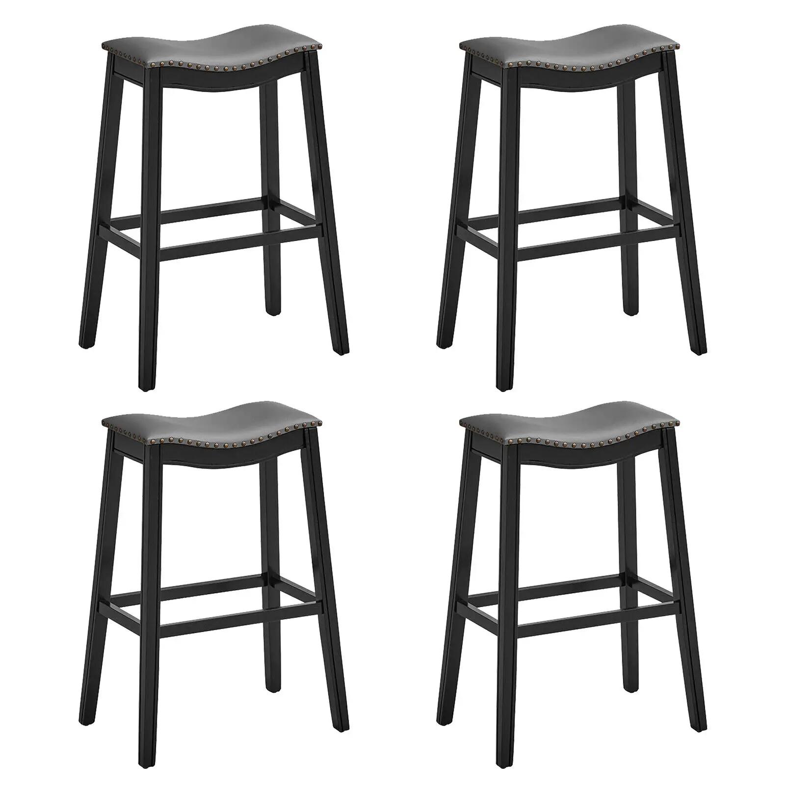 Costway Set of 4 Saddle Bar Stools w/Curved Line&Nail-Head Trim Living Room Kitchen