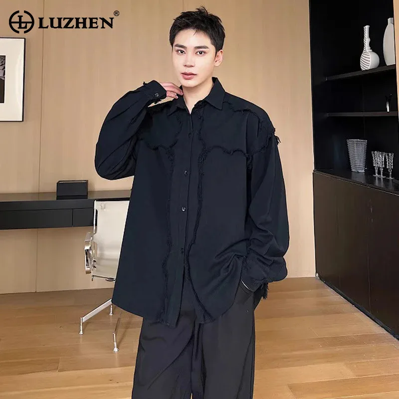 

LUZHEN Autumn Personalized Burr Design Long Sleeved Shirt Trendy Solid Color Elegant Stylish Youth Tops Men's Casual 2024 LZ6531