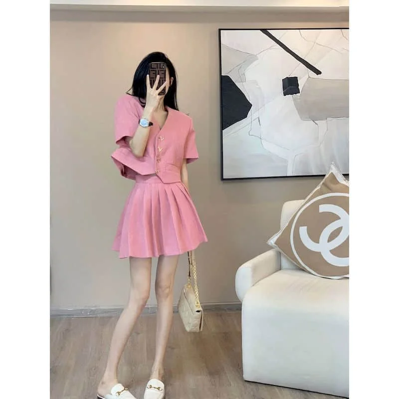 

Fashion Skirt Sets Short Sleeve Suit Jacket and High Waisted A-line Skirt Korean Style Casual Dress Two Piece Sets Women Outfits