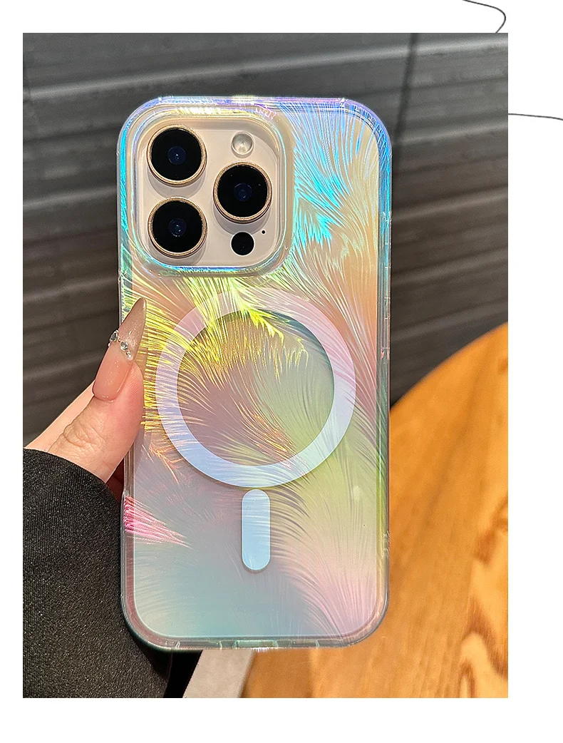 Laser-Gradient-Feder für Apple 18ProMax 17E Air 16Plus 14Pro 13 Handyhülle, Nischen-High-End-Gefühl, sturzsichere magnetische Aufladung – Detail 3