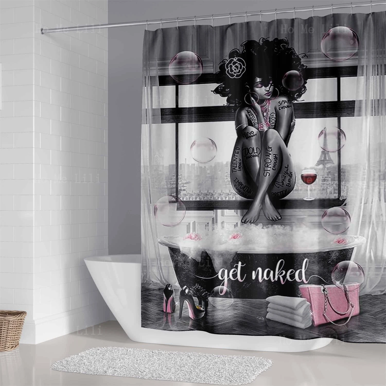 American Woman Teal Hair Sexy Black Girl Shower Curtain Set Romantic Pink Floral High Heels Bubble Red Wine Non-slip Bath Rugs