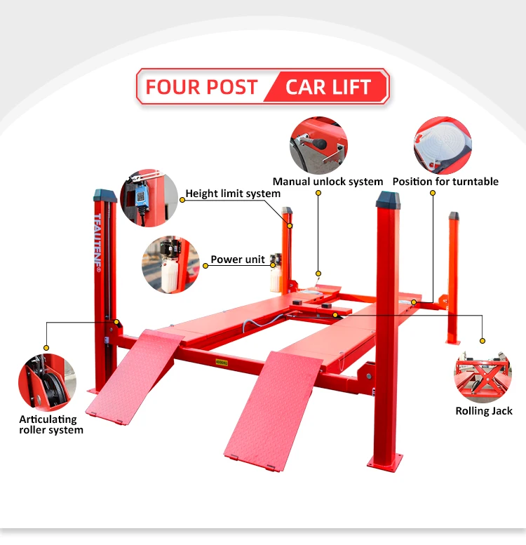 CE Approved 3D Aligner Four Wheel Alignment Manual Unlocking System 4 Post Electric-hydraulic Car Lift 4000 kg Lifting Capacity