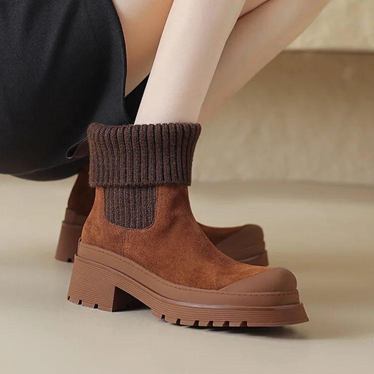 

Vintage Brown Suede Women Boots Platform Rubber Sole Knitting Short Botas Black Square High Heels Autumn Tenis Botines Mujer