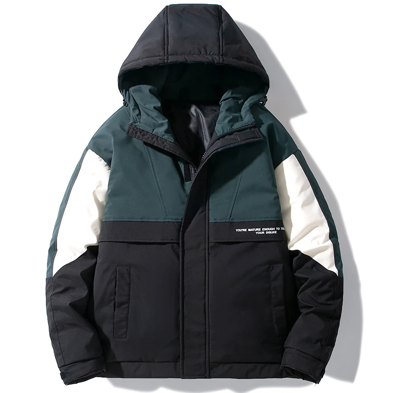 

Новая осенне-зимняя утепленная куртка с капюшоном в стиле колор-блок, свободного кроя, для подростков, повседневная, теплая верхняя одежда из полиэфирного волокна, белый пух