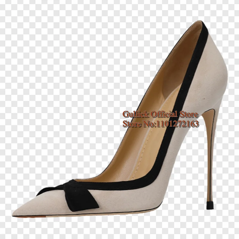 Black Butterfly-Knot Patchwork Trim High Heel Pumps Pointed Toe Slip On Shallow Beige Stiletto Heels Dress Shoes
